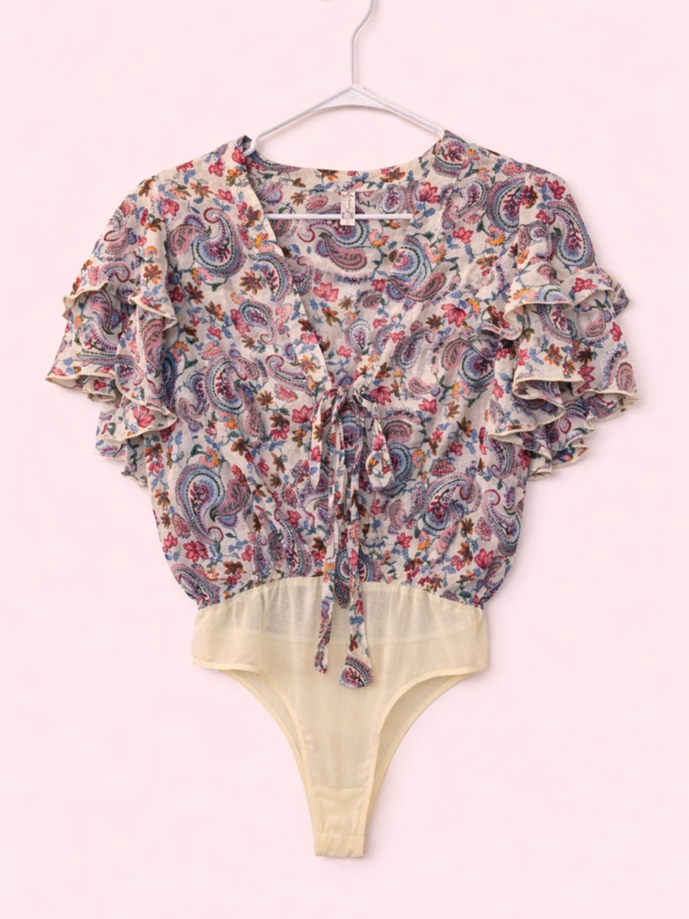 Free People Paisley Floral Ruffle-Sleeve Bodysuit in Cream and Multicolor